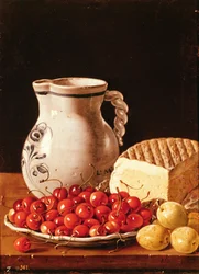 Stillleben mit Kirschen, Käse und Renekloden